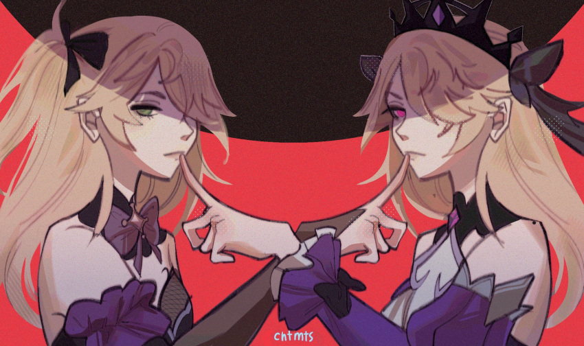 2girls, artist_name, bangs, black_bow, black_dress, blonde_hair, bow, chtmts