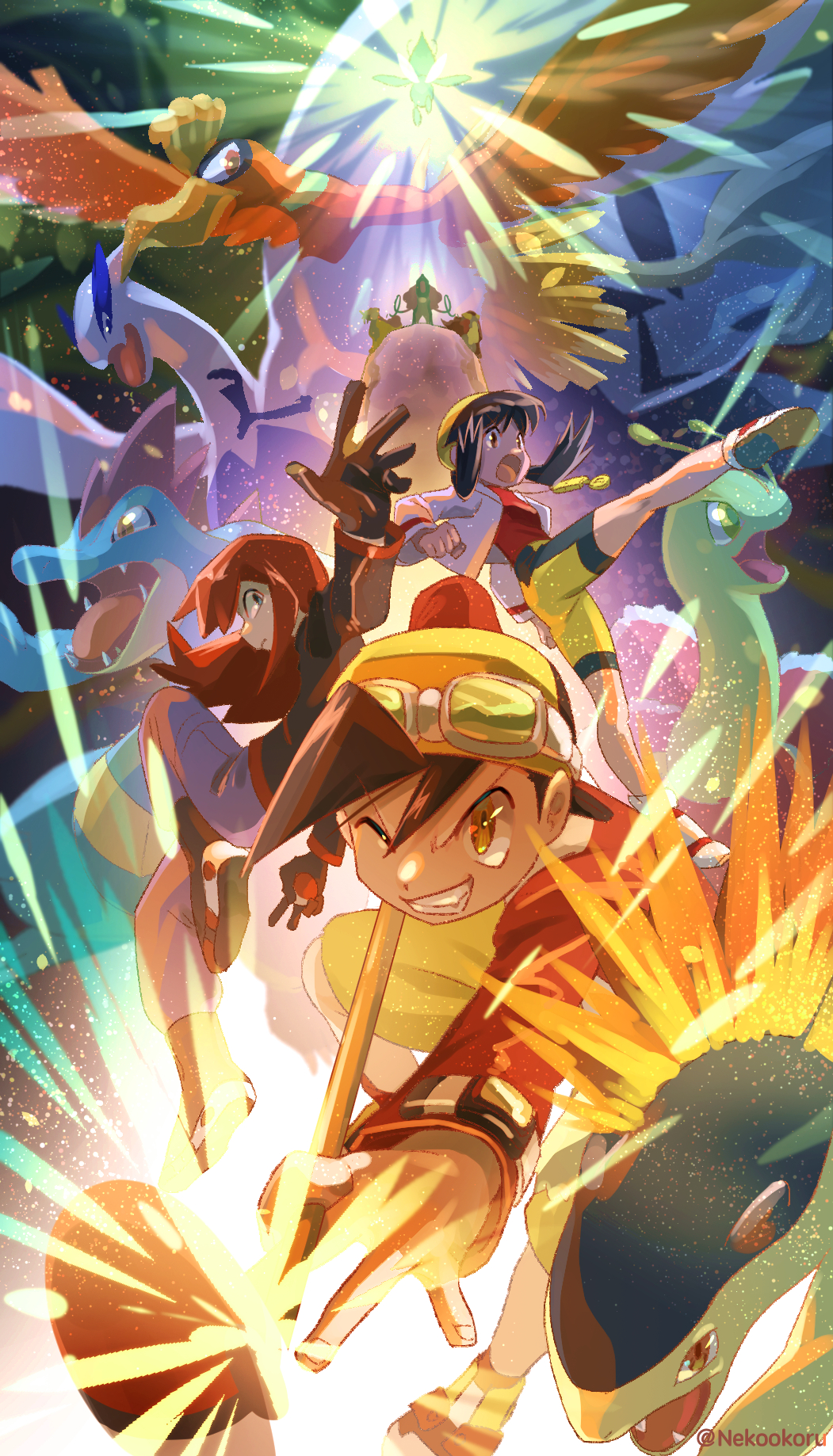 1girl, 3boys, bike_shorts, black_hair, black_jacket, cropped_jacket, crystal_(pokemon), cue_stick
