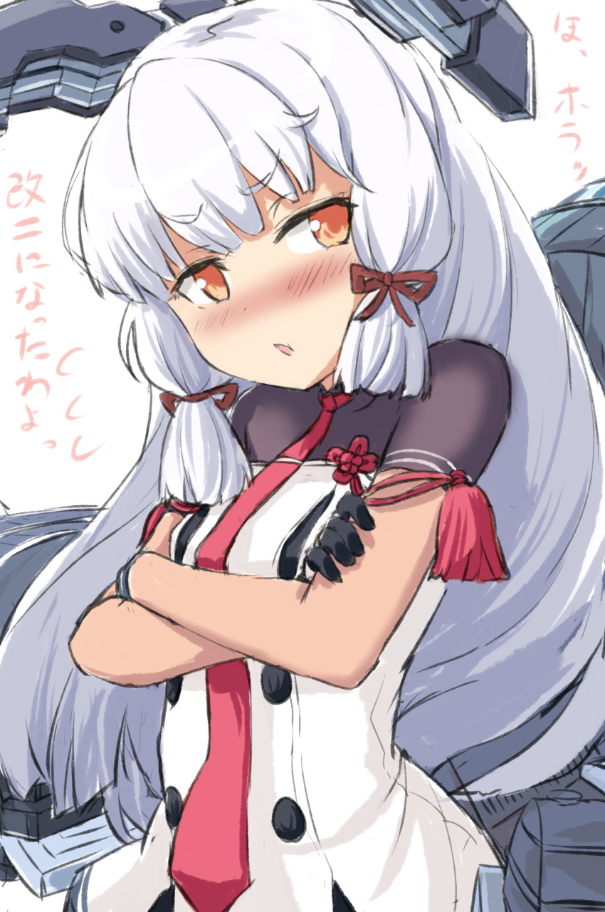 1girl, bangs, blunt_bangs, blush, commentary_request, controller, crossed_arms, dress