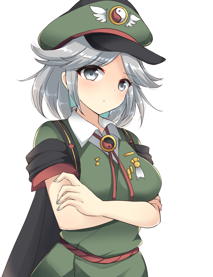 1girl, black_cape, breasts, cape, closed_mouth, collared_shirt, commentary_request, crossed_arms