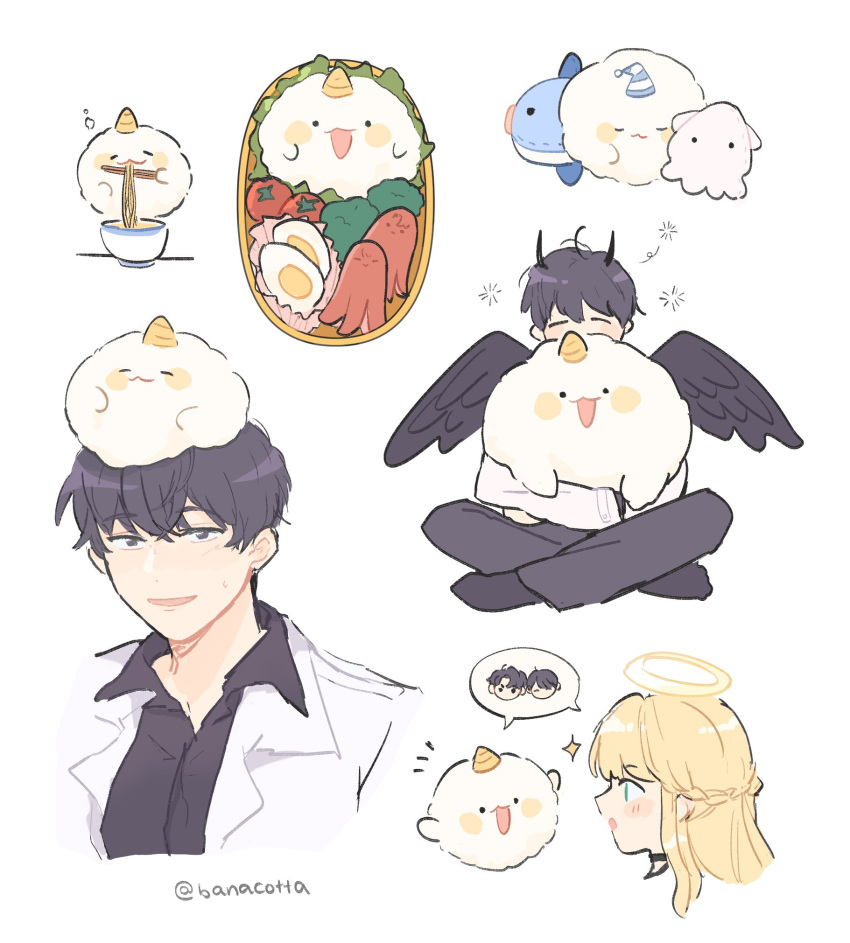 1boy, 1girl, :3, banacotta, bangs, bento, black_hair, black_panties, black_shirt, black_wings, blonde_hair, bowl, braid, chopsticks, closed_eyes, closed_mouth, commentary, creature, creature_on_head, eating, egg_(food), english_commentary, feathered_wings, food, food_art, halo, highres, holding, holding_chopsticks, holding_creature, horns, indian_style, jacket, kim_dokja, long_sleeves, looking_at_another, noodles, omniscient_reader's_viewpoint, on_head, open_mouth, panties, shin_yoosung, shirt, short_hair, simple_background, single_horn, sitting, spoken_character, stuffed_animal, stuffed_fish, stuffed_squid, stuffed_toy, tako-san_wiener, twitter_username, underwear, uriel_(omniscient_reader's_viewpoint), white_background, white_jacket, wings, yellow_horns