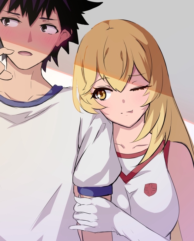 1boy, 1girl, :p, anho, black_eyes, black_hair, blonde_hair, breasts