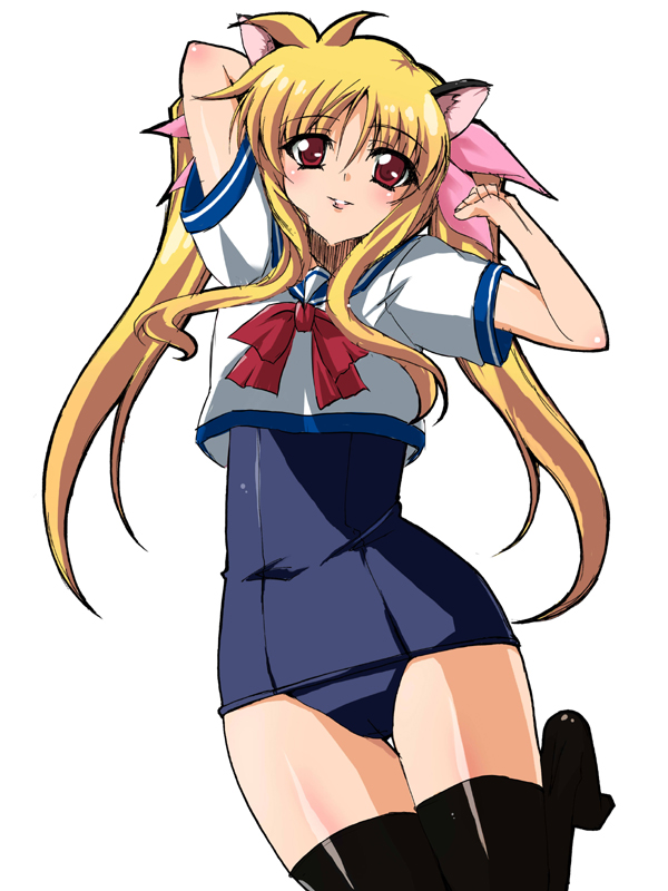 barefoot, blight_sphere, blonde_hair, cat_ears, fate_testarossa, mahou_shoujo_lyrical_nanoha, no_pants, one-piece_swimsuit, red_eyes, school_swimsuit, school_uniform, serafuku, swimsuit, swimsuit_under_clothes, thigh-highs, thighhighs, twintails