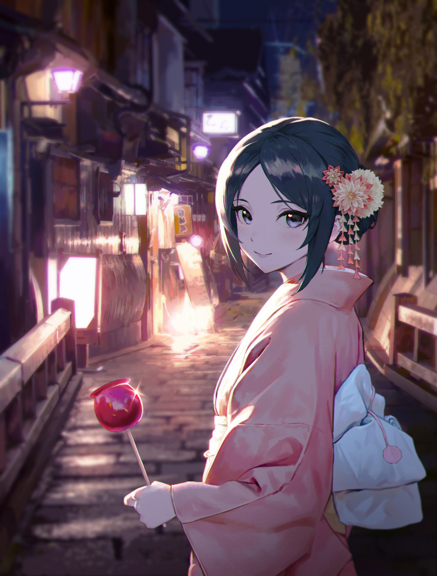 1girl, absurdres, bangs, black_hair, blush, candy_apple, city_lights, closed_mouth