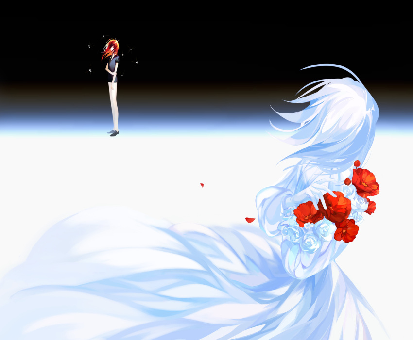 2others, absurdres, androgynous, bare_arms, bare_legs, black_background, black_footwear, cinnabar_(houseki_no_kuni), cizihoudanshao, colored_skin, comparison, contrast, dress, dual_persona, facing_away, floating_clothes, floating_hair, flower, gem_uniform_(houseki_no_kuni), hand_on_own_arm, hands_up, highres, houseki_no_kuni, loafers, long_hair, long_sleeves, looking_at_another, looking_at_viewer, looking_to_the_side, medium_hair, multiple_others, other_focus, petals, puffy_long_sleeves, puffy_short_sleeves, puffy_sleeves, red_flower, redhead, shoes, short_jumpsuit, short_sleeves, spoilers, standing, tsuki_jin, white_dress, white_flower, white_hair, white_skin