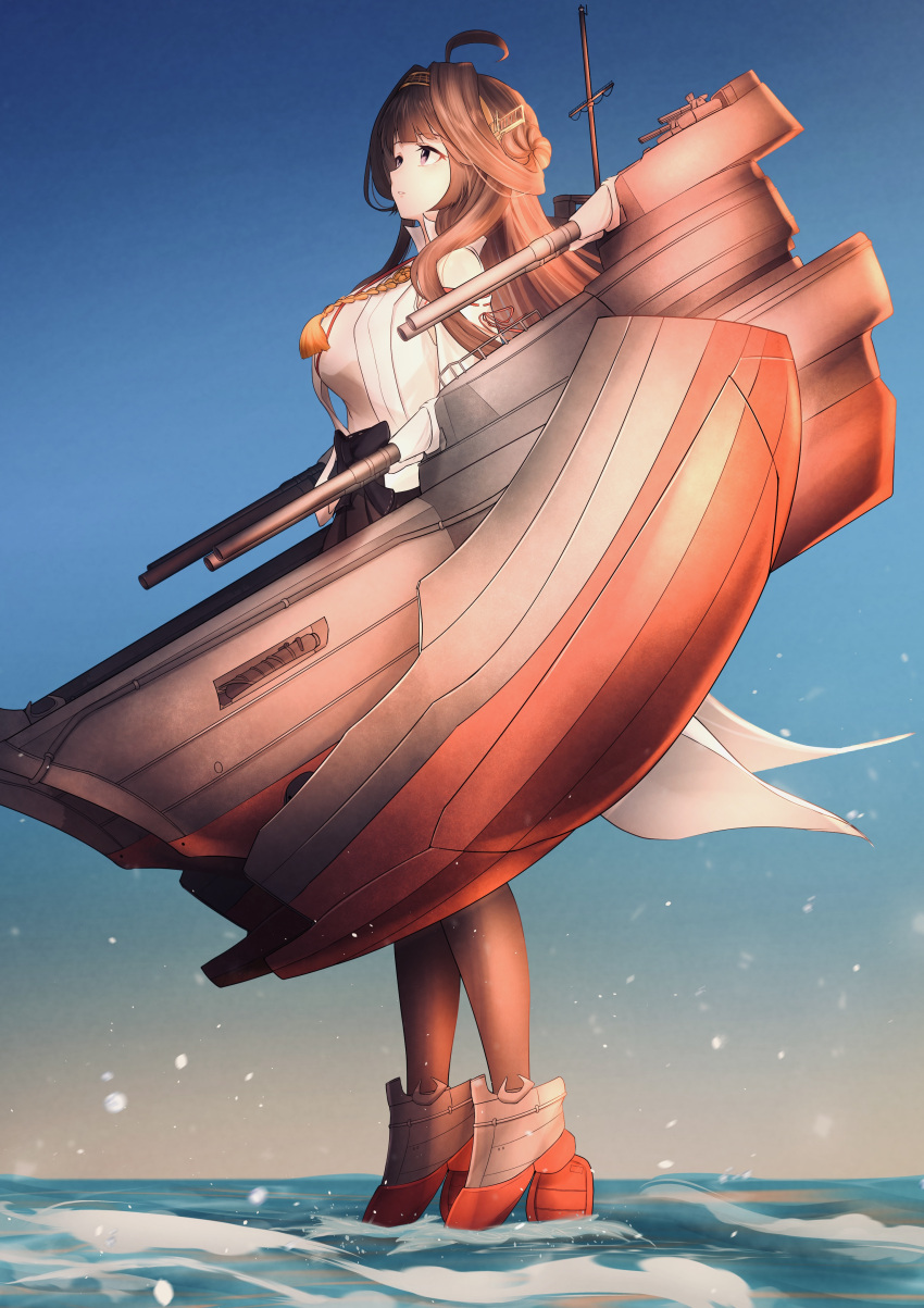 1girl, absurdres, ahoge, blue_sky, breasts, brown_hair, cannon, day