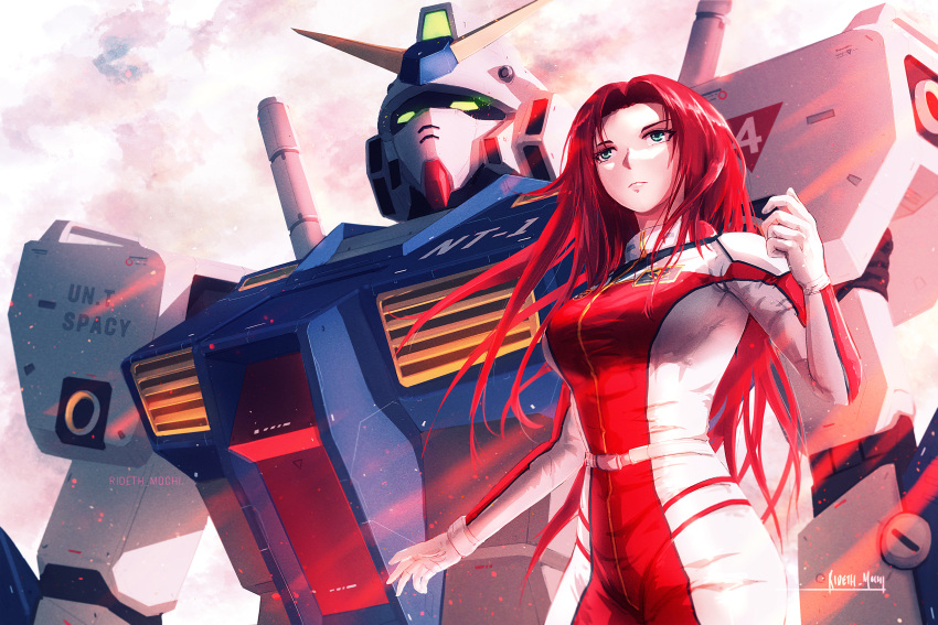 1girl, blue_eyes, bodysuit, christina_mackenzie, clouds, dusk, gloves, gundam