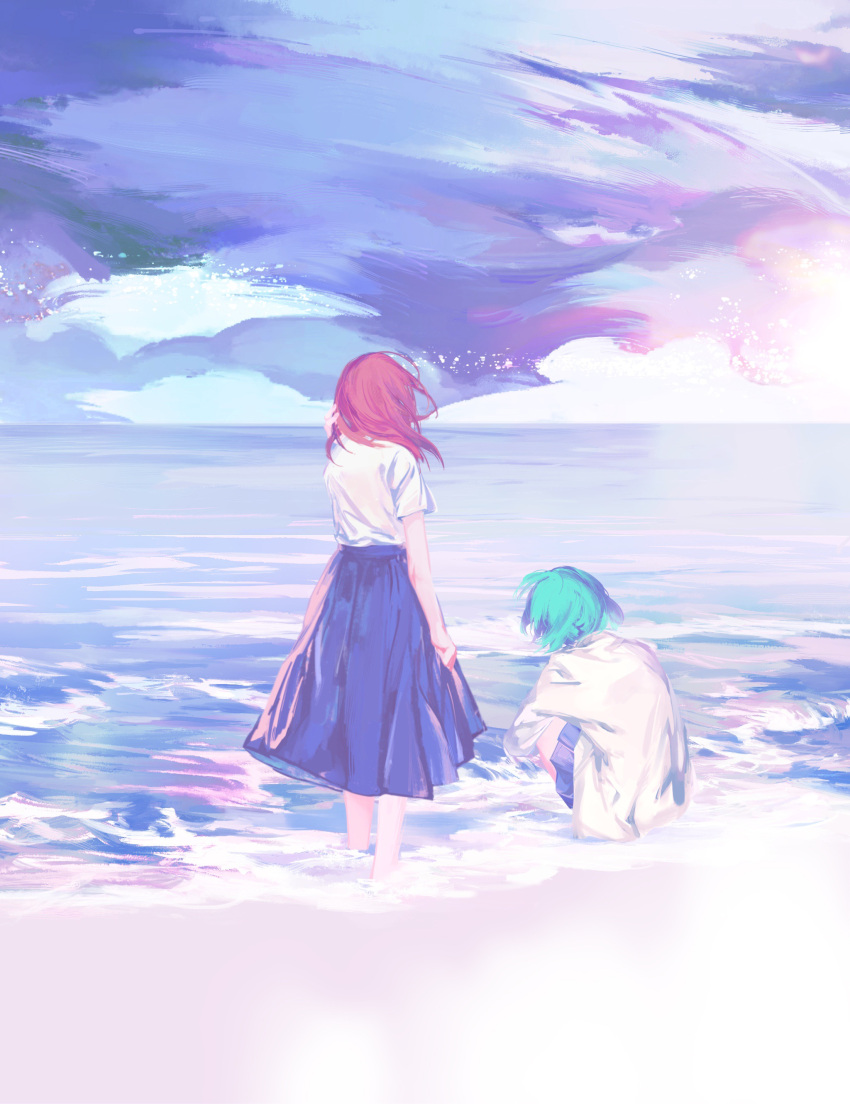 2others, absurdres, androgynous, aqua_hair, arm_at_side, beach, black_skirt, cinnabar_(houseki_no_kuni), cizihoudanshao, clenched_hand, clouds, cloudy_sky, collared_shirt, contemporary, day, facing_away, floating_hair, from_behind, hand_on_own_head, highres, horizon, houseki_no_kuni, long_hair, long_sleeves, miniskirt, multiple_others, nature, ocean, other_focus, outdoors, phosphophyllite, redhead, shirt, shirt_tucked_in, short_hair, short_sleeves, skirt, sky, standing, untucked_shirt, wading, water, white_shirt, wind