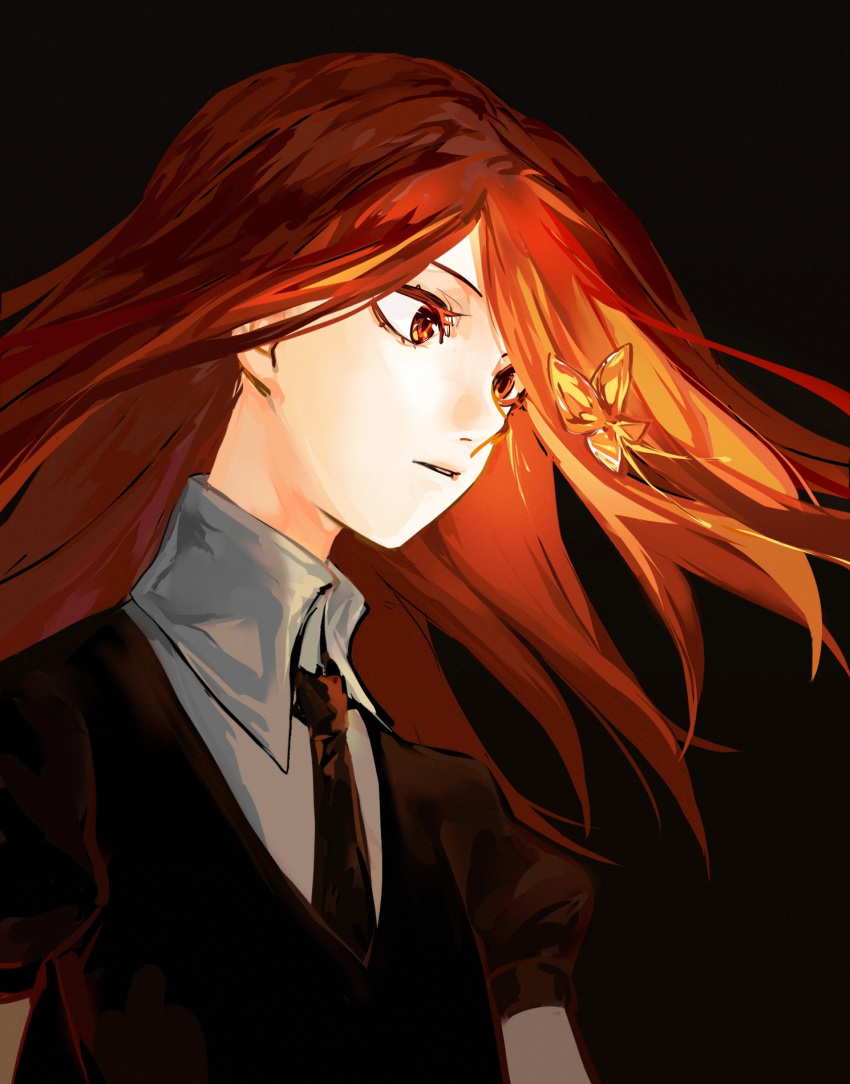 1other, androgynous, black_background, bug, butterfly, cinnabar_(houseki_no_kuni), cizihoudanshao, collared_shirt, floating_hair, gem_uniform_(houseki_no_kuni), glowing, highres, houseki_no_kuni, long_hair, looking_at_animal, looking_away, necktie, other_focus, parted_lips, puffy_short_sleeves, puffy_sleeves, red_eyes, redhead, shirt, short_sleeves, simple_background, solo, upper_body