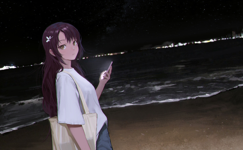 1girl, bag, bangs, blue_pants, cellphone, closed_mouth, commentary, cowboy_shot