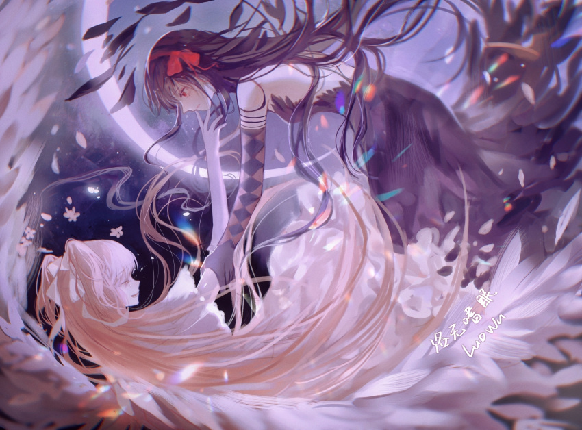 2girls, akemi_homura, akuma_homura, argyle, argyle_gloves, arm_grab, artist_name, bare_shoulders