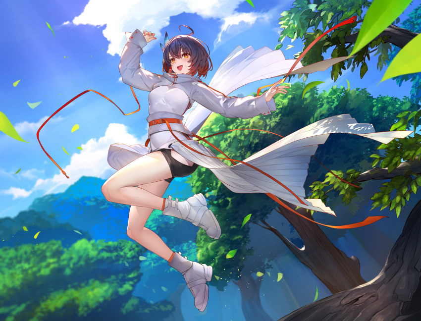 1girl, absurdres, ahoge, bangs, black_hair, blue_sky, clouds, cloudy_sky