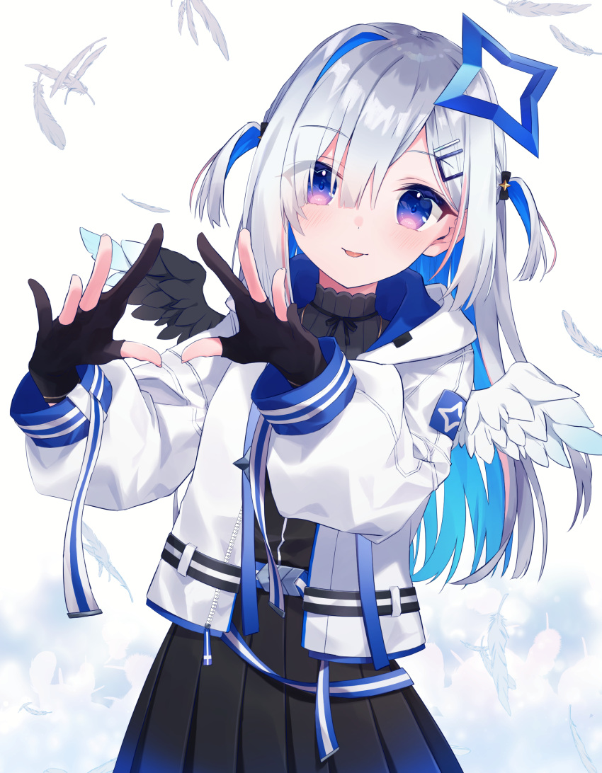 1girl, :p, absurdres, amane_kanata, angel, angel_wings, bangs, black_gloves