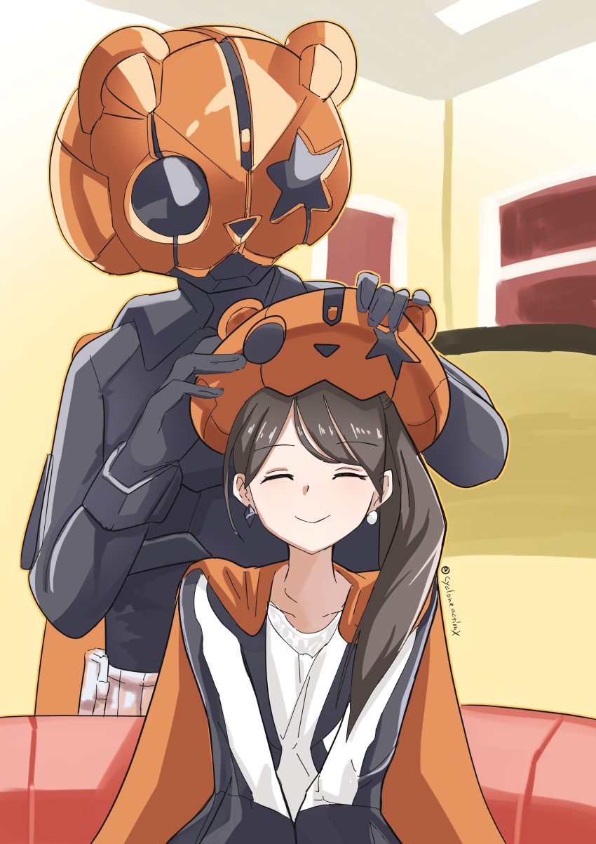 1boy, 1girl, absurdres, animification, bear, black_bodysuit, black_corset, black_gloves, black_nails, bodysuit, breasts, cape, commentary, corset, cosplay, cycloneactionx, desire_driver, dress, earrings, entry_form, gloves, halloween, halloween_costume, helmet, highres, jacket, jewelry, kamen_rider, kamen_rider_geats_(series), kamen_rider_punkjack, kamen_rider_punkjack_(cosplay), large_breasts, male_focus, medium_breasts, mismatched_earrings, multicolored_hair, orange_cape, ponytail, purple_background, side_ponytail, sketch, smile, streaked_hair, superhero, symbol-only_commentary, tsumuri_(kamen_rider_geats), upper_body, white_dress, white_jacket