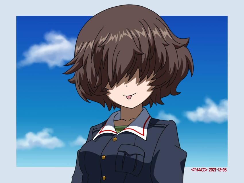 1girl, :p, akiyama_yukari, artist_name, bangs, blue_jacket, blue_sky, brown_hair