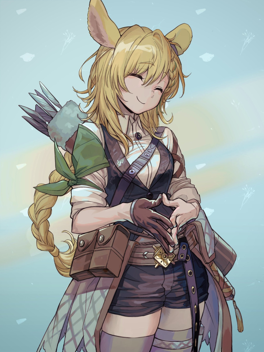 1girl, ^_^, animal_ears, arknights, bangs, belt, belt_buckle, black_shorts