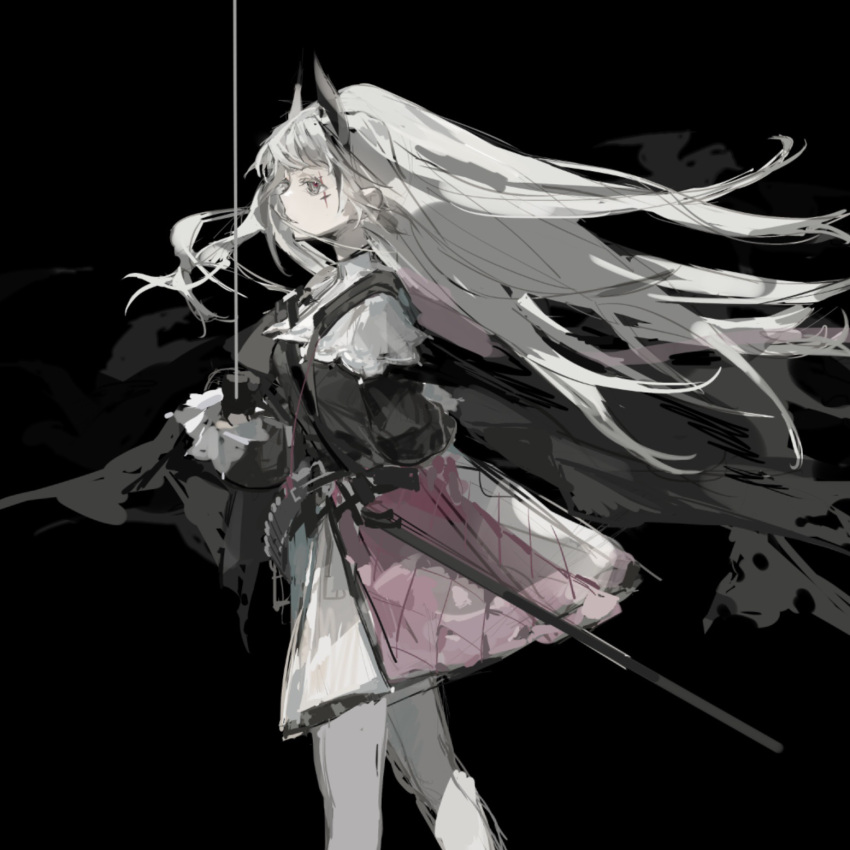 1girl, arknights, black_background, black_gloves, black_jacket, capelet, commentary_request, floating_hair, from_side, gloves, grey_eyes, grey_hair, highres, holding, holding_sword, holding_weapon, irene_(arknights), jacket, long_hair, long_sleeves, looking_away, midoriii717, pantyhose, parted_lips, puffy_long_sleeves, puffy_sleeves, simple_background, sketch, skirt, solo, standing, sword, very_long_hair, weapon, white_capelet, white_pantyhose, white_skirt
