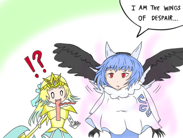 !?, aura, axe, black_gloves, black_wings, blonde_hair, blue_hair, corruption