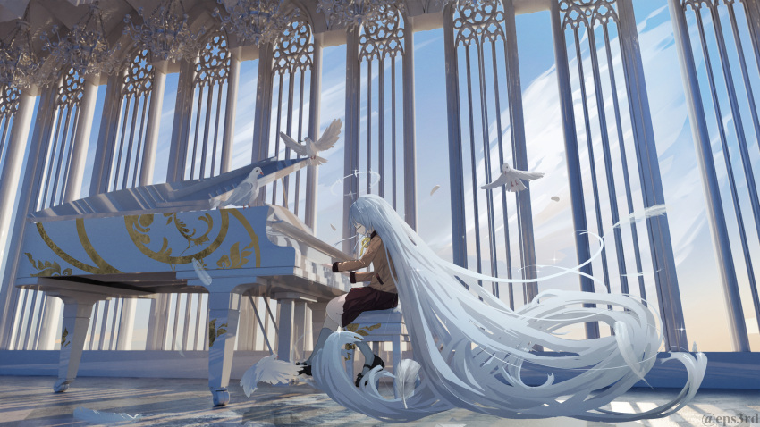 1girl, absurdly_long_hair, absurdres, angel_beats!, animal, bird, black_footwear, black_skirt