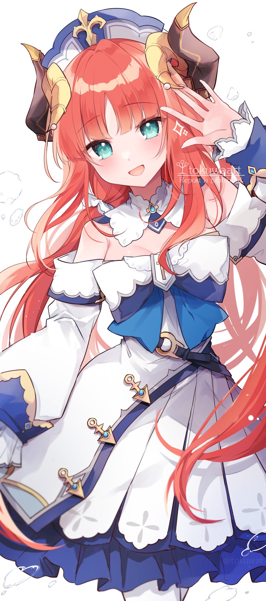 1girl, :d, alternate_costume, aqua_eyes, artist_name, bangs, barbara_(genshin_impact), barbara_(genshin_impact)_(cosplay)