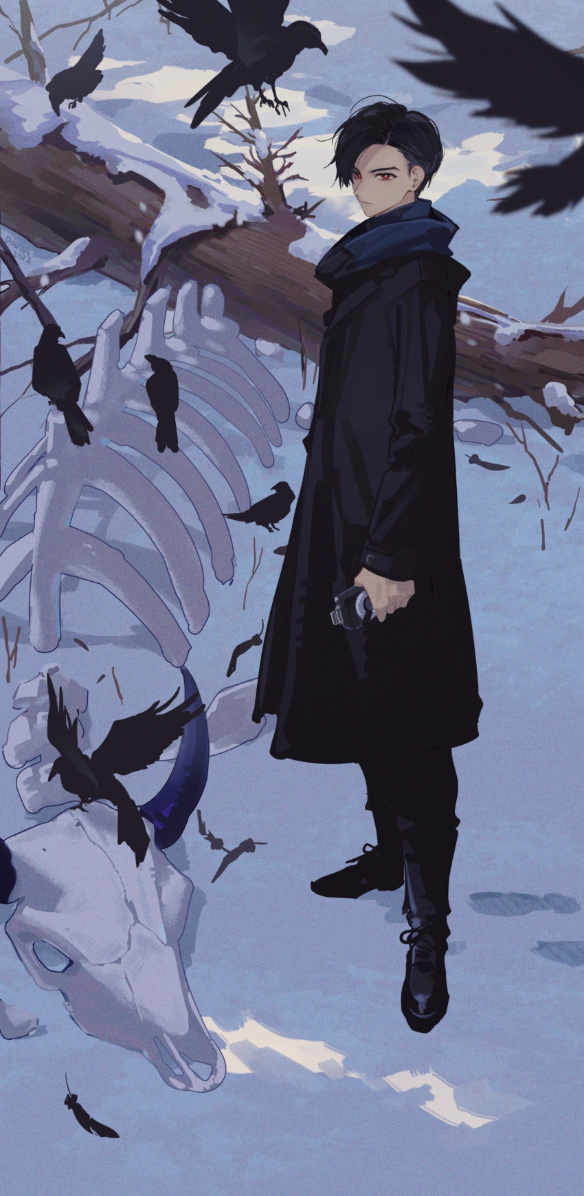 1boy, absurdres, bangs, bird, black_footwear, black_jacket, black_pants, boots