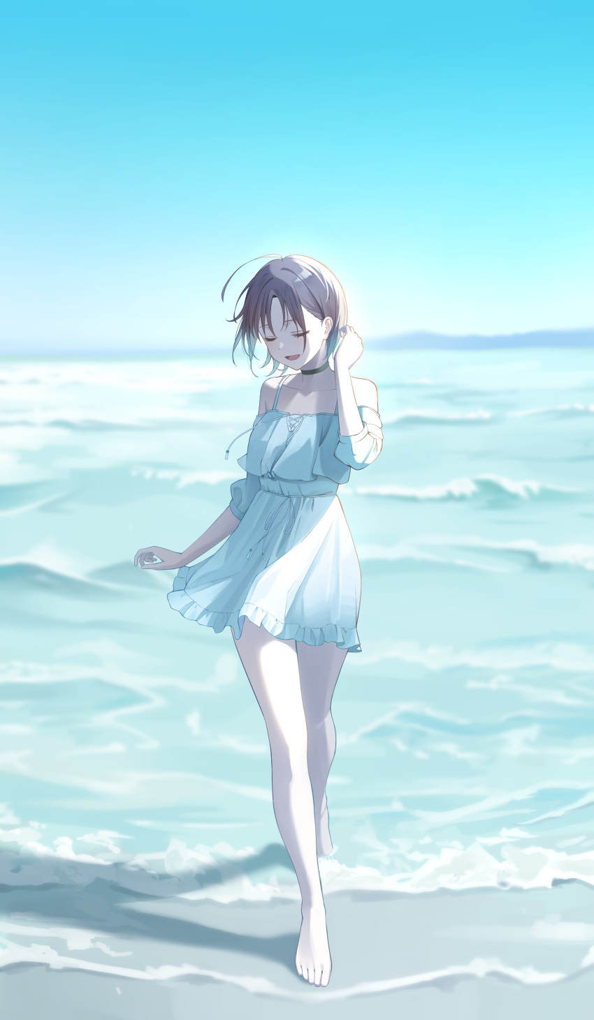 1girl, absurdres, asakura_toru, bare_legs, barefoot, beach, black_choker, blue_dress, blue_sky, blurry, blurry_background, brown_hair, choker, closed_eyes, collarbone, commentary, dress, feet, frilled_dress, frills, fujizarashi, full_body, hand_up, highres, idolmaster, idolmaster_shiny_colors, legs, medium_hair, ocean, open_mouth, outdoors, shadow, shiny, shiny_hair, short_dress, sky, solo, standing, thighs, toes, water