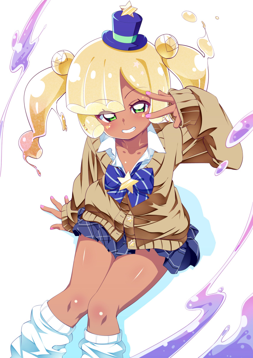 1girl, blonde_hair, bow, bowtie, cardigan, dark-skinned_female, dark_skin, double_bun