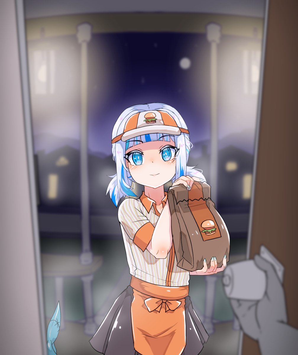 1girl, apron, bag, bangs, blue_eyes, blue_hair, burger, city_lights