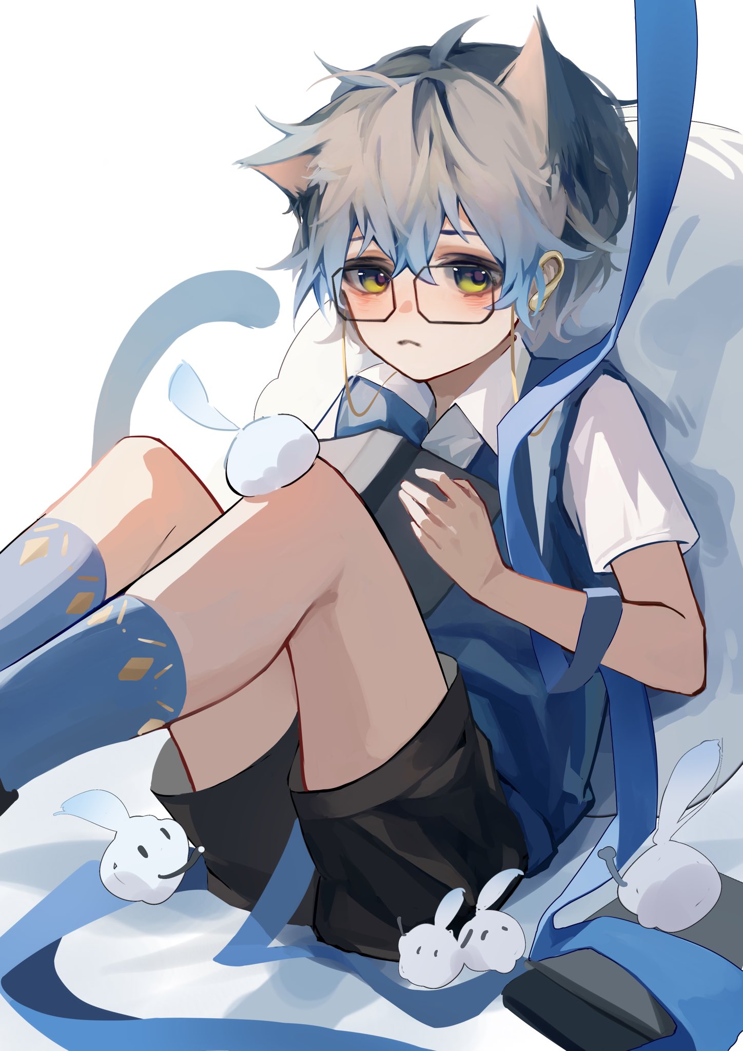 1boy, 5others, aged_down, aluhzora, bangs, bishounen, black_shorts, blue_socks