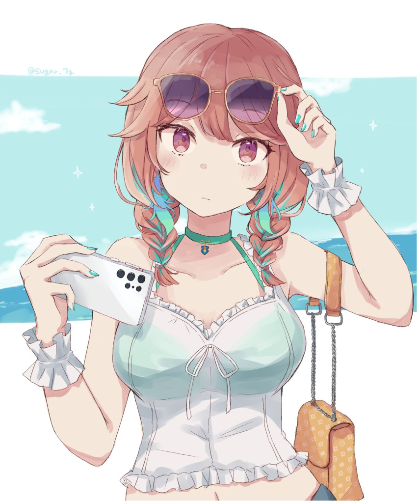1girl, bag, cellphone, green_hair, highres, hololive, hololive_english, jewelry