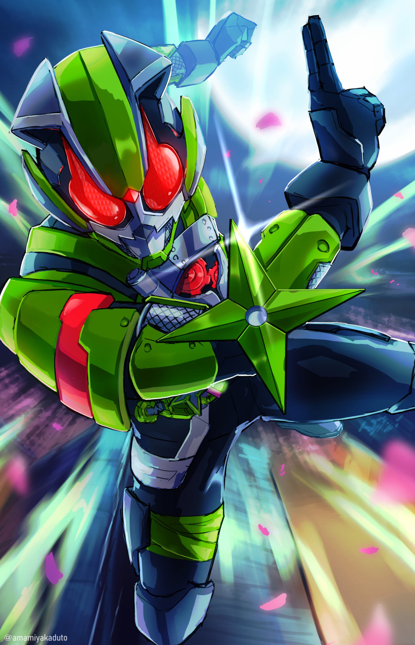 1boy, absurdres, amamiyakaduto, armor, artist_name, black_bodysuit, bodysuit, cherry_blossoms, commentary, compound_eyes, gears, hand_gesture, highres, kamen_rider, kamen_rider_geats_(series), kamen_rider_tycoon, ninja, petals, red_eyes, shuriken, solo, tanuki, thigh_strap, tokusatsu, twitter_username, weapon