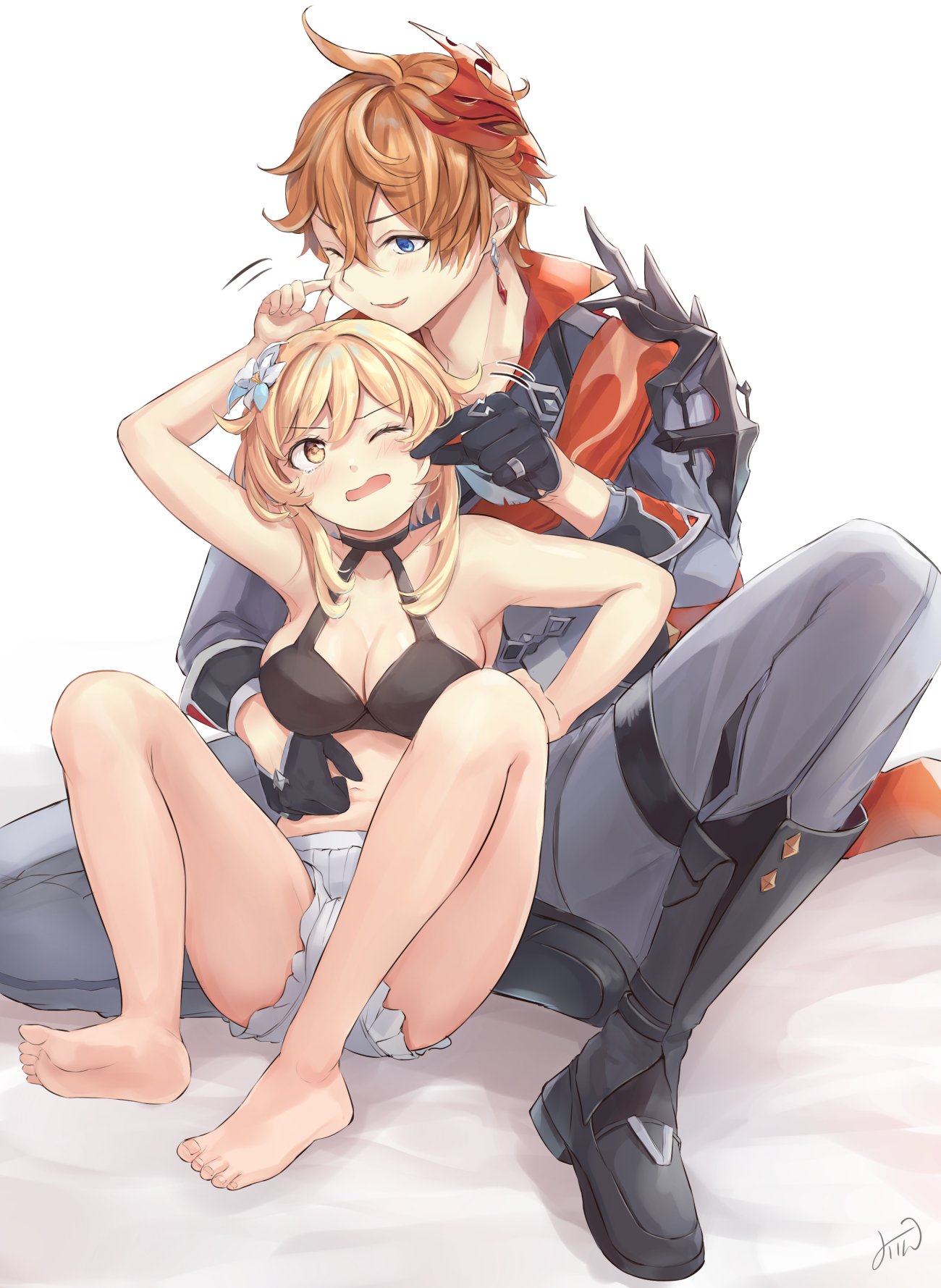 1boy, 1girl, black_footwear, blonde_hair, blue_eyes, breasts, cheek_pull, earrings
