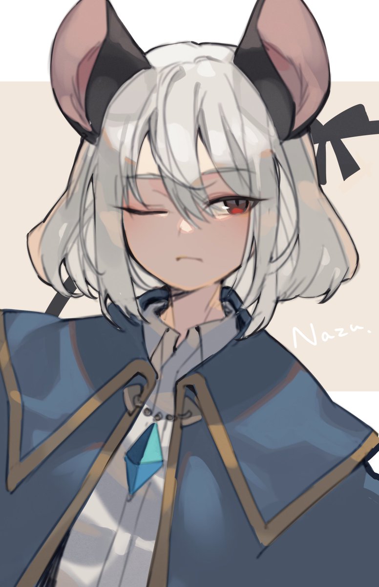 1girl, animal_ears, capelet, expressionless, gold_trim, grey_background, highres, jewelry