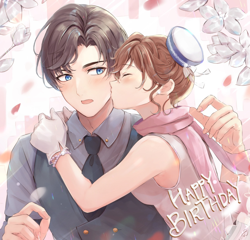 1boy, 1girl, artem_wing_(tears_of_themis), bare_shoulders, black_vest, blue_eyes, brown_hair, cheek