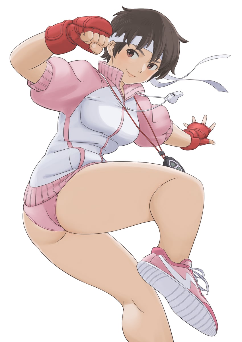 1girl, ass, bangs, breasts, brown_eyes, brown_hair, buruma, clenched_hand