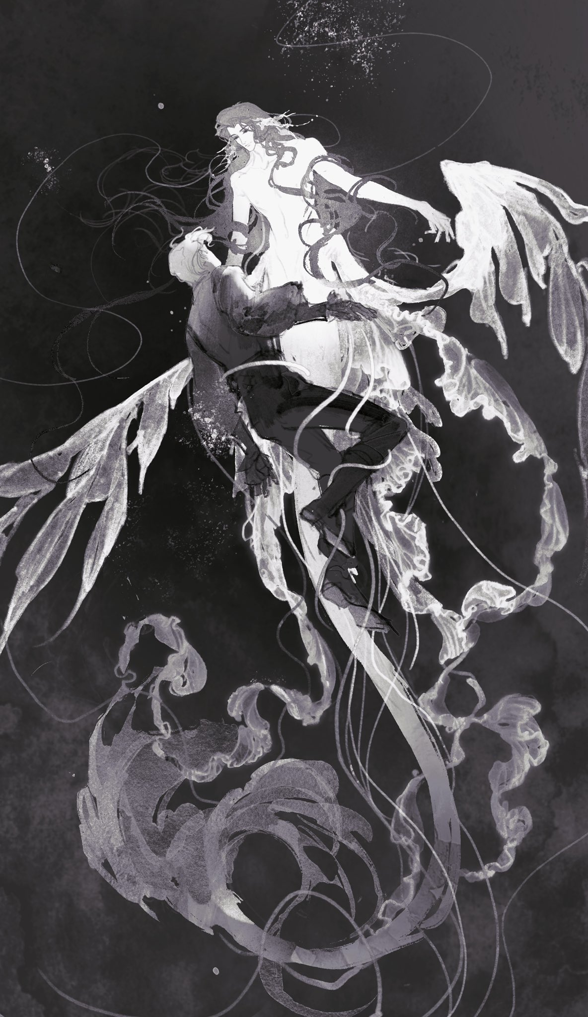 2boys, air_bubble, anu_yu, black_background, black_eyes, black_footwear, black_pants, boots, bubble, character_request, closed_mouth, colored_skin, fins, floating_hair, full_body, gills, golden_light_puppet_show, grey_hair, grey_shirt, greyscale, head_fins, highres, jinguang_budaixi, long_hair, long_sleeves, looking_at_another, looking_down, looking_up, merman, mo_li_sao, monochrome, monster_boy, monsterification, multiple_boys, murong_ning, pants, procreate_(medium), puffy_long_sleeves, puffy_sleeves, shirt, short_hair, underwater, very_long_hair, white_skin