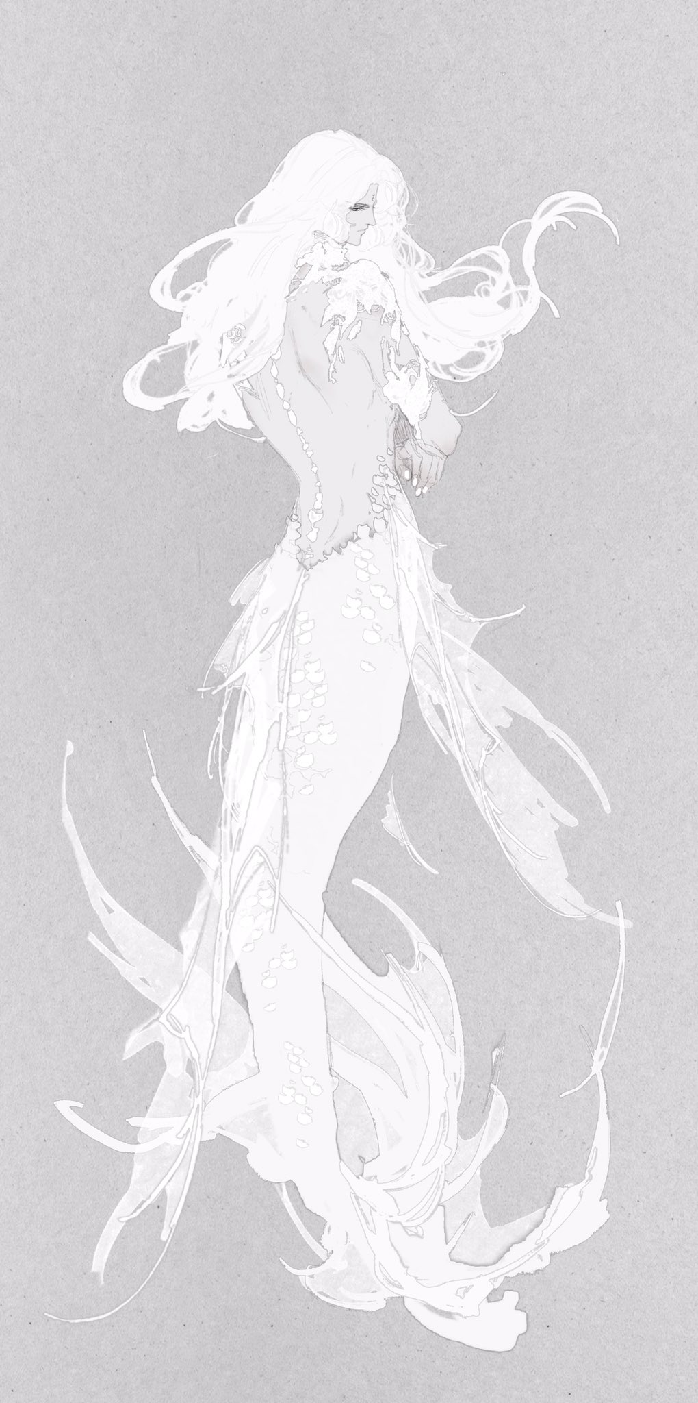 1boy, anu_yu, black_eyes, character_request, closed_mouth, fins, floating_hair, from_behind
