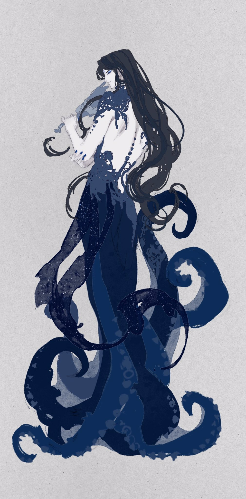 1boy, anu_yu, black_hair, blue_eyes, blue_nails, blue_skin, closed_mouth, colored_skin