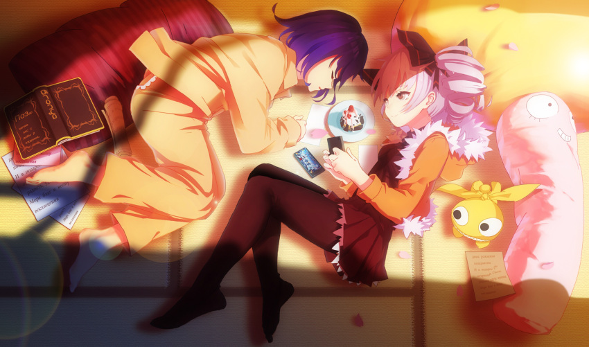 2girls, bangs, bed, book, bow, bronya_zaychik, brown_dress, brown_pantyhose, cake, cake_slice, cellphone, closed_eyes, closed_mouth, dress, drill_hair, food, full_body, fur-trimmed_jacket, fur_trim, gjkdyu, grey_eyes, grey_hair, hair_bow, highres, homu_(honkai_impact), honkai_(series), honkai_impact_3rd, indoors, jacket, long_hair, looking_at_viewer, multiple_girls, open_clothes, orange_jacket, pajamas, pantyhose, phone, pillow, plate, purple_hair, seele_vollerei, short_hair, sleeping, twin_drills, yuri