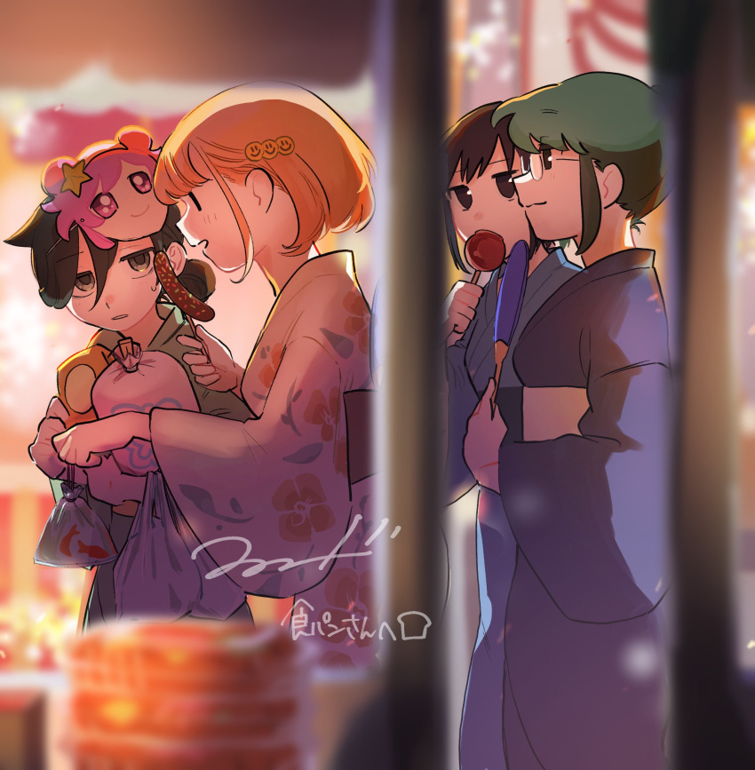 4girls, alternate_hairstyle, bag, bagged_fish, bags_under_eyes, black_hair, blonde_hair, blurry, candy_apple, chocolate_banana, commission, depth_of_field, fish, floral_print, food, from_side, glasses, green_hair, hair_ornament, hair_up, hand_fan, highres, holding, holding_bag, holding_fan, holding_food, japanese_clothes, kayo_(watamote), kimono, kuroki_tomoko, mask, mask_on_head, multiple_girls, nagi_(watamote), open_mouth, paper_fan, parted_lips, plastic_bag, profile, short_hair, sidelocks, skeb_commission, smiley_face, standing, summer_festival, sweatdrop, tsurukoge, uchi_emiri, uchiwa, walking, watashi_ga_motenai_no_wa_dou_kangaetemo_omaera_ga_warui!, yukata, |_|