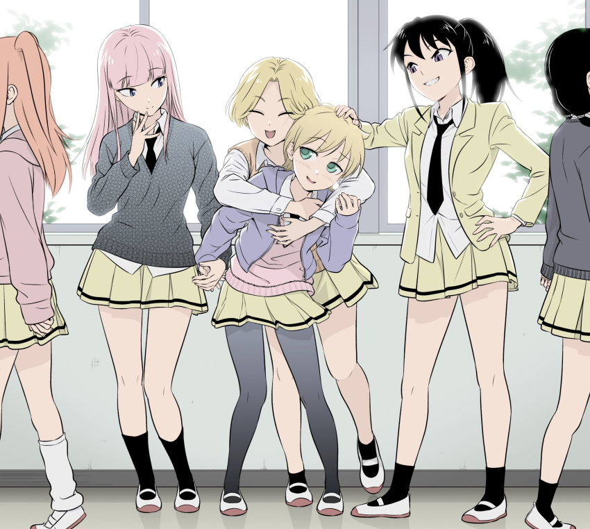 6+girls, :d, bangs, blazer, blunt_bangs, blush, cardigan, closed_eyes, collared_shirt, colorized, commentary_request, grabbing, grabbing_from_behind, grin, hand_on_hip, happy, headpat, highres, holding_hands, hood, hood_down, hoodie, hug, hug_from_behind, ichikawa_masahiro, indoors, jacket, katou_asuka, kneehighs, kuroki_tomoko, long_hair, long_sleeves, looking_at_another, low_twintails, miniskirt, multiple_girls, narita_miho, necktie, nemoto_hina, official_alternate_hair_length, official_alternate_hairstyle, open_clothes, open_jacket, open_mouth, pantyhose, pleated_skirt, ponytail, sailor_collar, sasaki_fuuka, school_uniform, shirt, shoes, short_hair, skirt, smile, socks, standing, sweater, tamura_yuri, third-party_edit, twintails, uniform, untucked_shirt, uwabaki, walking, watashi_ga_motenai_no_wa_dou_kangaetemo_omaera_ga_warui!, window, yuri