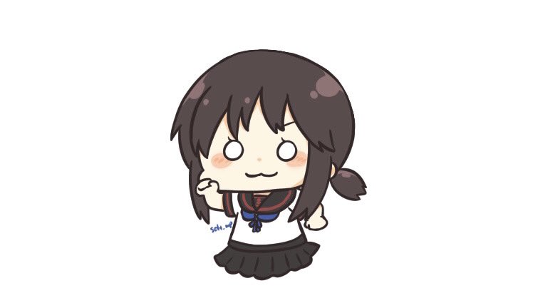 1girl, :3, black_hair, black_sailor_collar, black_skirt, blue_neckerchief, chibi, clenched_hand, cropped_legs, fubuki_(kancolle), fubuki_kai_ni_(kancolle), kantai_collection, karin., looking_at_viewer, low_ponytail, medium_hair, neckerchief, negative_space, o_o, pleated_skirt, ponytail, sailor_collar, school_uniform, serafuku, short_ponytail, sidelocks, skirt, solo