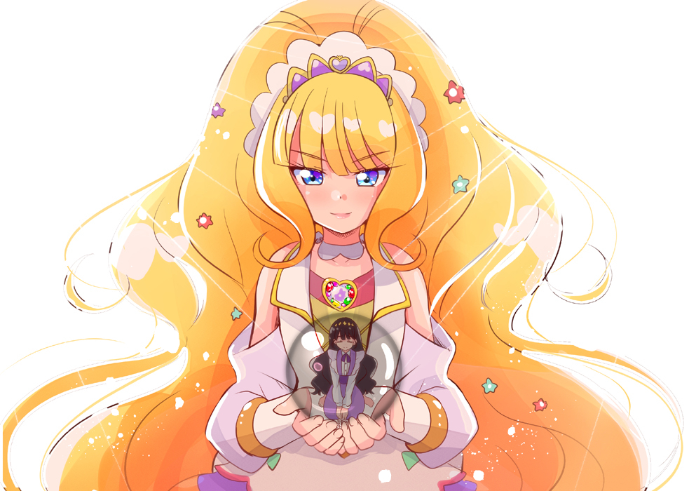 2girls, black_hair, blonde_hair, blue_eyes, choker, closed_eyes, cowboy_shot, crystal_ball, cure_finale, delicious_party_precure, detached_sleeves, dress, dress_shirt, dual_persona, frilled_shirt, frills, gradient, gradient_background, hair_ornament, hairband, kasai_amane, long_hair, magical_girl, minigirl, mitumi_mira, multiple_girls, precure, purple_dress, shirt, sitting, sleeveless, sleeveless_dress, star_(symbol), star_hair_ornament, sunlight, white_background, white_choker