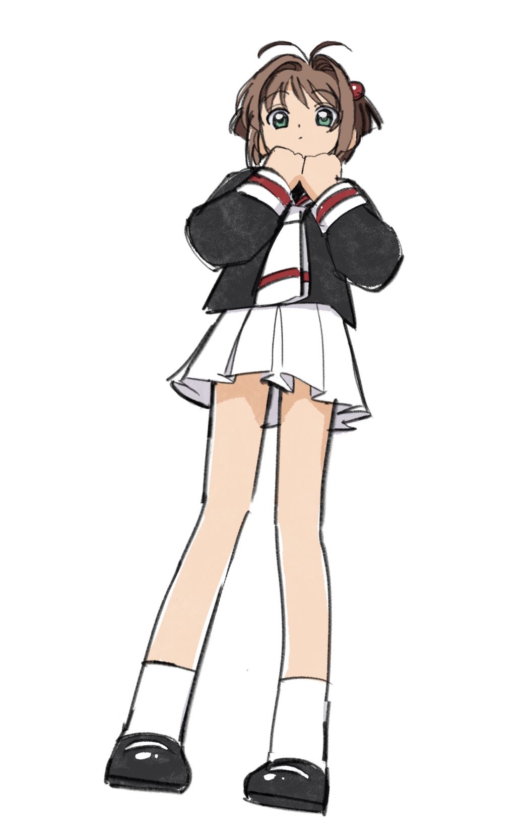 1girl, antenna_hair, black_shirt, brown_hair, cardcaptor_sakura, dress, from_below, green_eyes, highres, kinomoto_sakura, mary_janes, nnn-ollll, pleated_dress, sailor_collar, school_uniform, serafuku, shirt, shoes, short_hair, simple_background, skirt, solo, standing, white_background, white_sailor_collar, white_skirt
