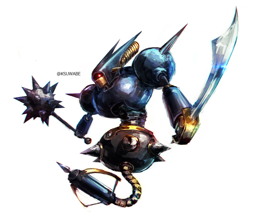 arrow_(projectile), bow, dragon_quest, full_body, glowing, glowing_eye, holding, holding_sword, holding_weapon, k-suwabe, killer_machine_2_(dragon_quest), looking_at_viewer, mace, mecha, no_humans, red_eyes, robot, simple_background, solo, spiked_mace, spikes, sword, twitter_username, weapon, white_background