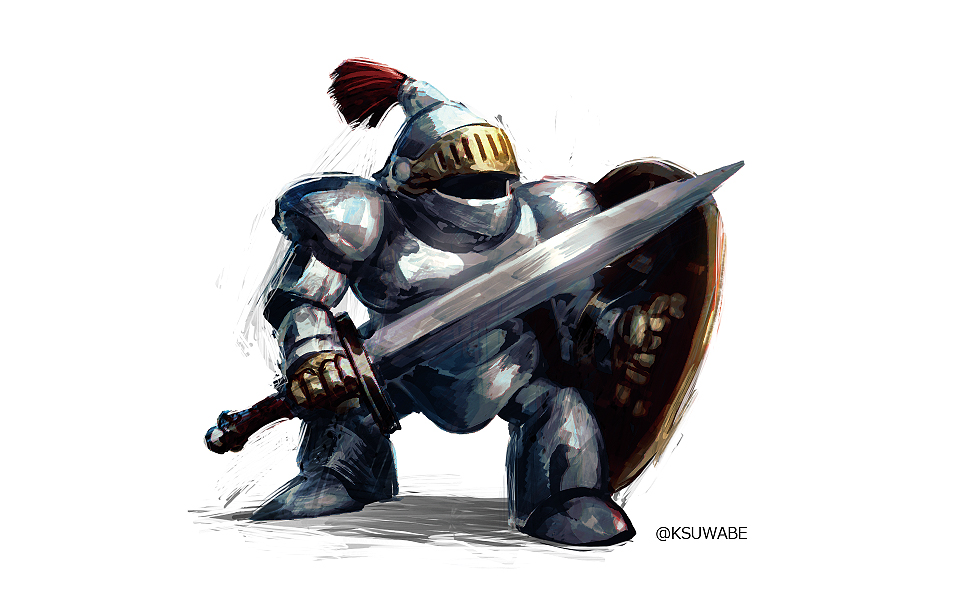 armor, dragon_quest, full_body, holding, holding_shield, holding_sword, holding_weapon, k-suwabe, knight, no_humans, restless_armour, shield, simple_background, sword, twitter_username, weapon, white_background