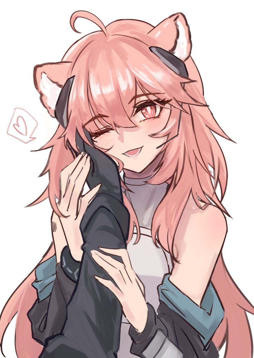 1girl, 1other, ahoge, animal_ear_fluff, animal_ears, arknights, armor, bangs, barcode, barcode_tattoo, bare_shoulders, black_gloves, blush, breastplate, commentary_request, doctor_(arknights), gloves, gravel_(arknights), hair_between_eyes, hand_on_another's_cheek, hand_on_another's_face, hands_on_another's_arm, heart, highres, holding_another's_arm, long_hair, long_sleeves, looking_at_viewer, mouse_ears, mouse_girl, one_eye_closed, open_mouth, pink_hair, shino_duka, shoulder_tattoo, simple_background, smile, spoken_heart, tattoo, upper_body, white_background