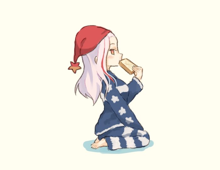 1girl, alternate_costume, blue_pajamas, bread, food, hat, kantai_collection, long_hair, massachusetts_(kancolle), multicolored_hair, negative_space, nightcap, pajamas, red_eyes, redhead, saiguchi_otoufu, seiza, simple_background, sitting, solo, streaked_hair, toast, upper_body, white_background, white_hair