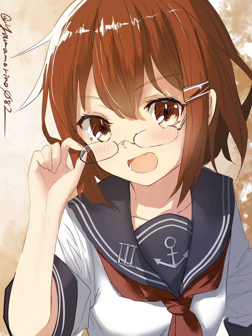 1girl, absurdres, anchor_symbol, bespectacled, black_sailor_collar, brown_eyes, brown_hair, commentary_request