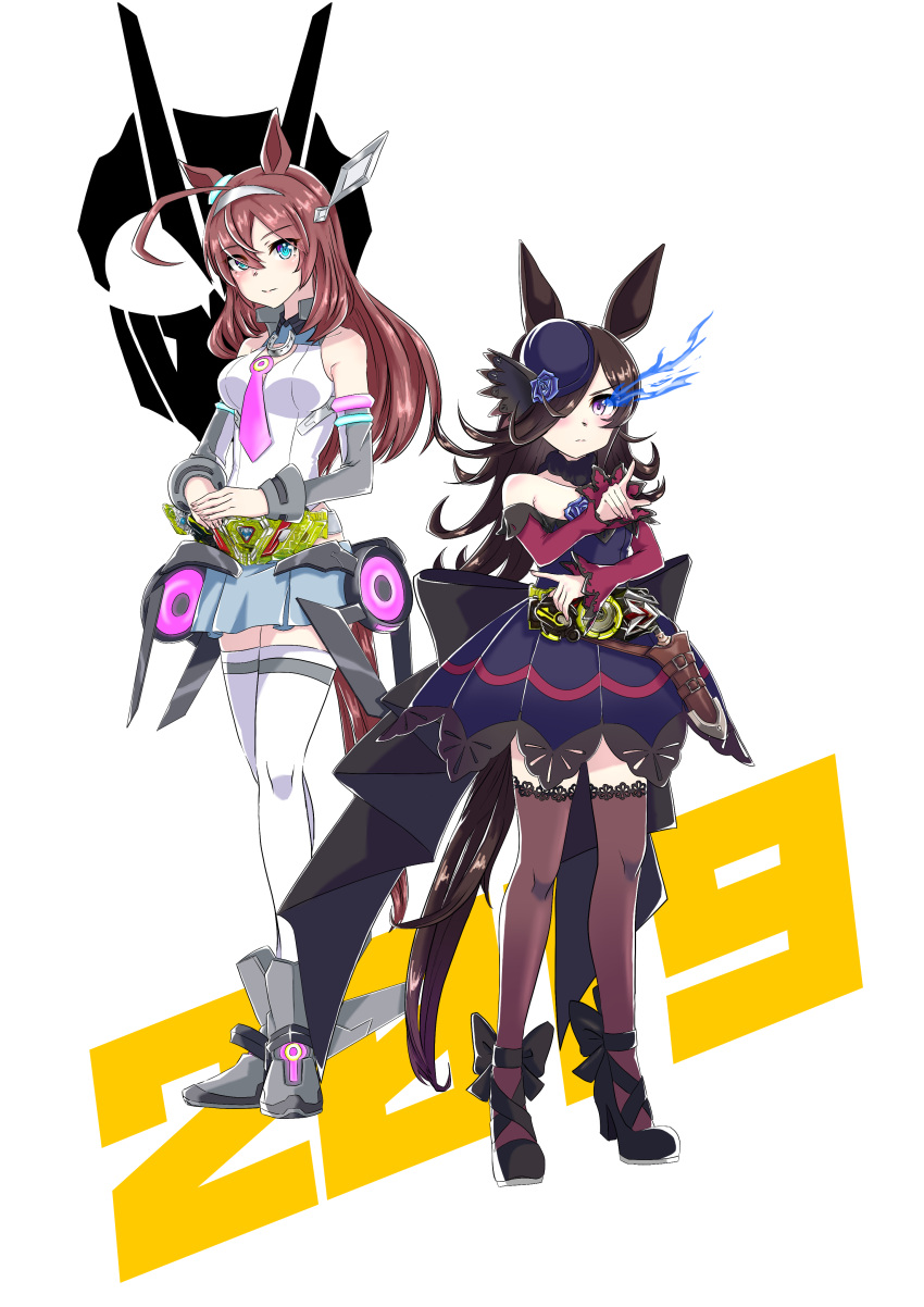 2019, 2girls, absurdres, ahoge, animal_ears, back_bow, bangs, bare_shoulders, belt, black_bow, black_collar, black_footwear, black_hair, blue_dress, blue_eyes, blue_flower, blue_rose, boots, bow, brown_hair, brown_thighhighs, closed_mouth, collar, collared_leotard, commentary_request, cosplay, detached_sleeves, dress, emblem, flaming_eye, flower, frown, fukazume_extreme, fur_collar, grey_footwear, grey_hairband, grey_skirt, grey_sleeves, hair_ornament, hair_over_one_eye, hairband, high_heels, highres, horse_ears, horse_girl, horse_tail, horseshoe_ornament, kamen_rider, kamen_rider_zero-one, kamen_rider_zero-one_(cosplay), kamen_rider_zero-two, kamen_rider_zero-two_(cosplay), knife, lace-trimmed_thighhighs, large_bow, leotard, long_bangs, long_hair, long_sleeves, looking_at_viewer, mihono_bourbon_(umamusume), miniskirt, multiple_girls, necktie, off-shoulder_dress, off_shoulder, pink_necktie, pleated_skirt, pointing, pose, rice_shower_(umamusume), rigging, rose, sheath, sheathed, simple_background, single_horizontal_stripe, skirt, sleeveless, smile, standing, tail, thigh-highs, umamusume, violet_eyes, white_background, white_leotard, white_thighhighs